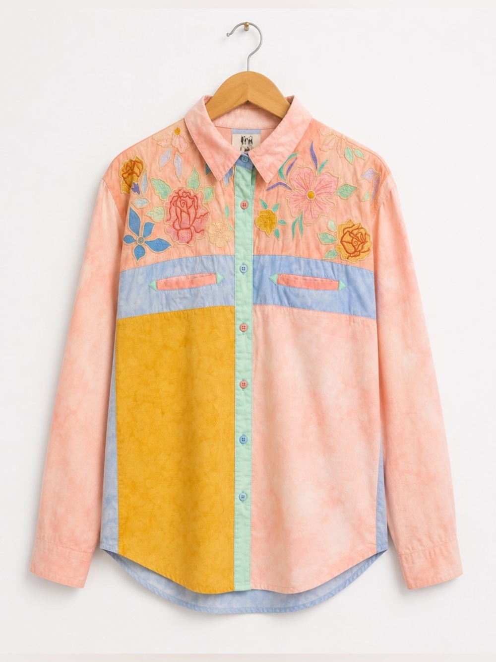 Vintage 90's Hand Dyed Embroidered Floral Pastel Colorblock Button Down Size S